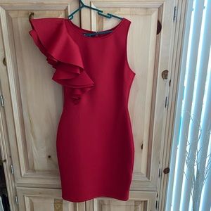 BEBE NWT red silk like Bebe eve dress w ruffle sleeve fits beautifully SzM $150